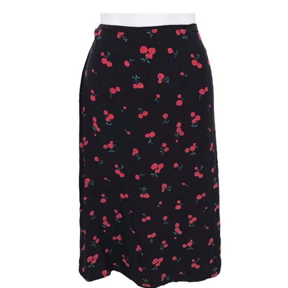 HVN Wiona Cherry Print Slip Skirt 12 Silk High Rise A-Line Midi Back Zip Black